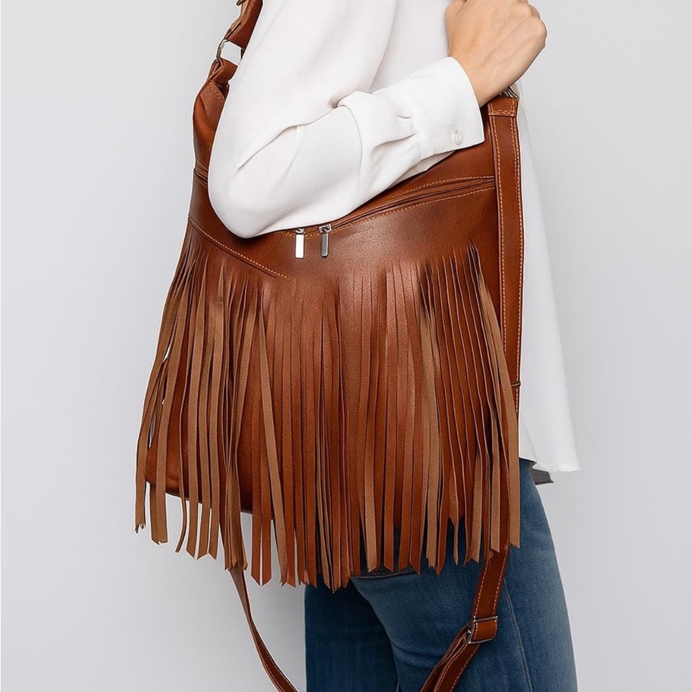 Fringe Leather Shoulder Bag - Brown